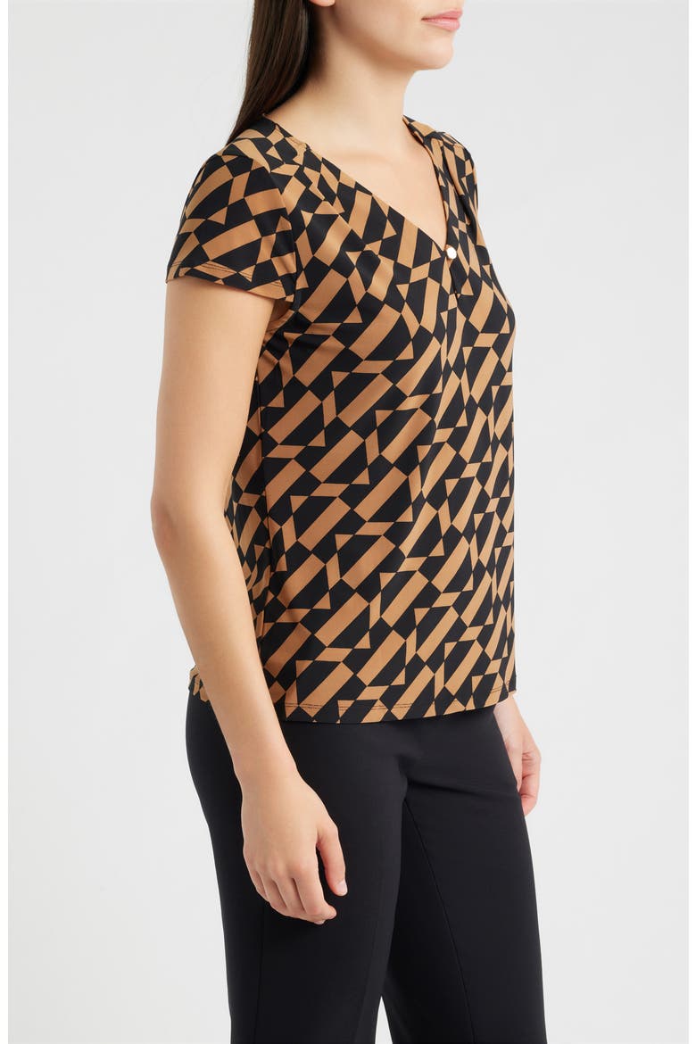 Geometric Cap Sleeve Pleat Neck Top, Alternate, color, ANNE BLACK/ VICUNA