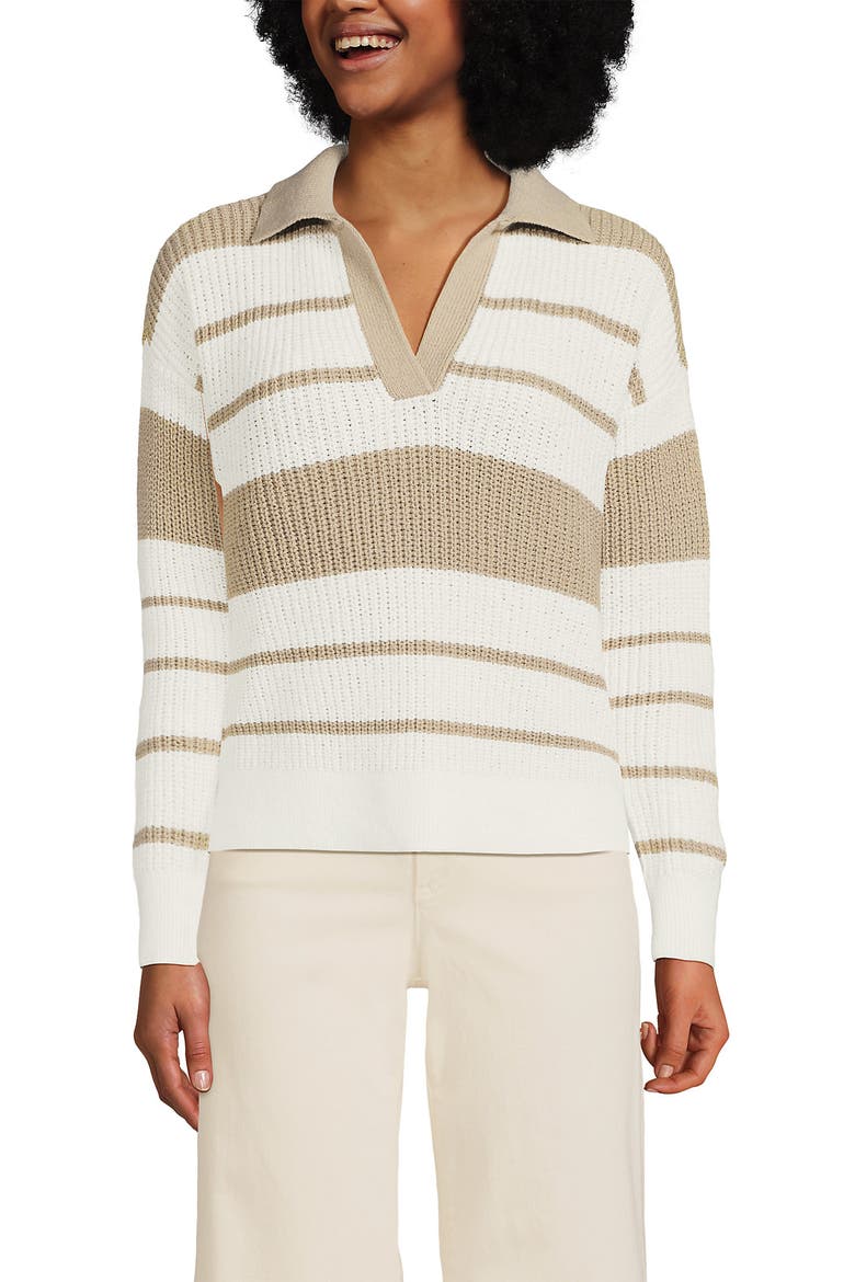 Cotton Boucle Johnny Collar Textured Sweater, Main, color, Ivory/Champagne Stripe
