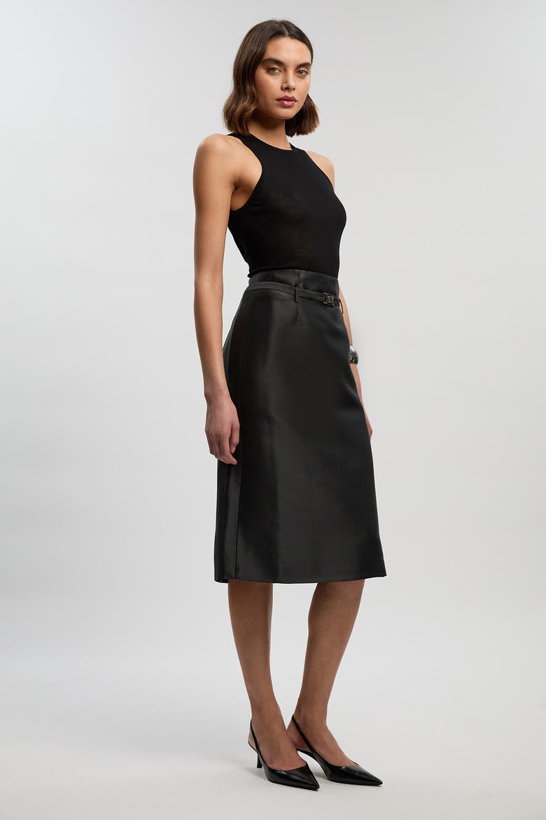 Satin Twill Belted Tailored Midi Skirt, Alternate, color, Black
