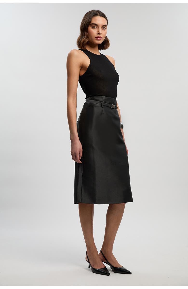 Karen Millen Satin Twill Belted Tailored Midi Skirt, Alternate, color, Black