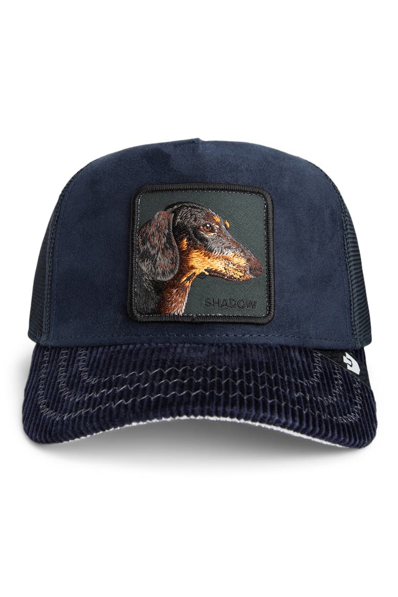 Shadow Remix Dog Patch Snapback Trucker Hat, Main, color, NAVY MULTI
