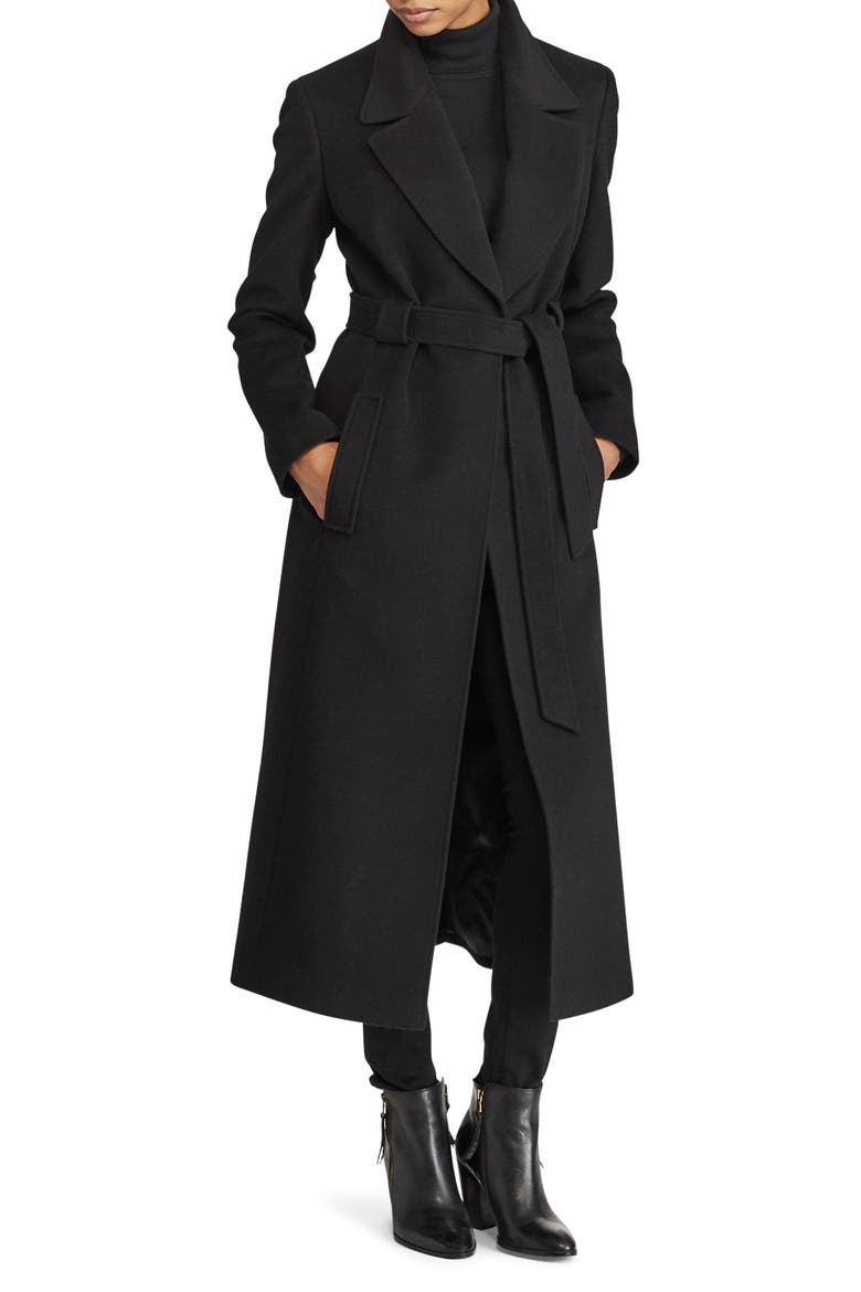 Belted Longline Wool Blend Wrap Coat, Main, color, Z/DNUBLACK