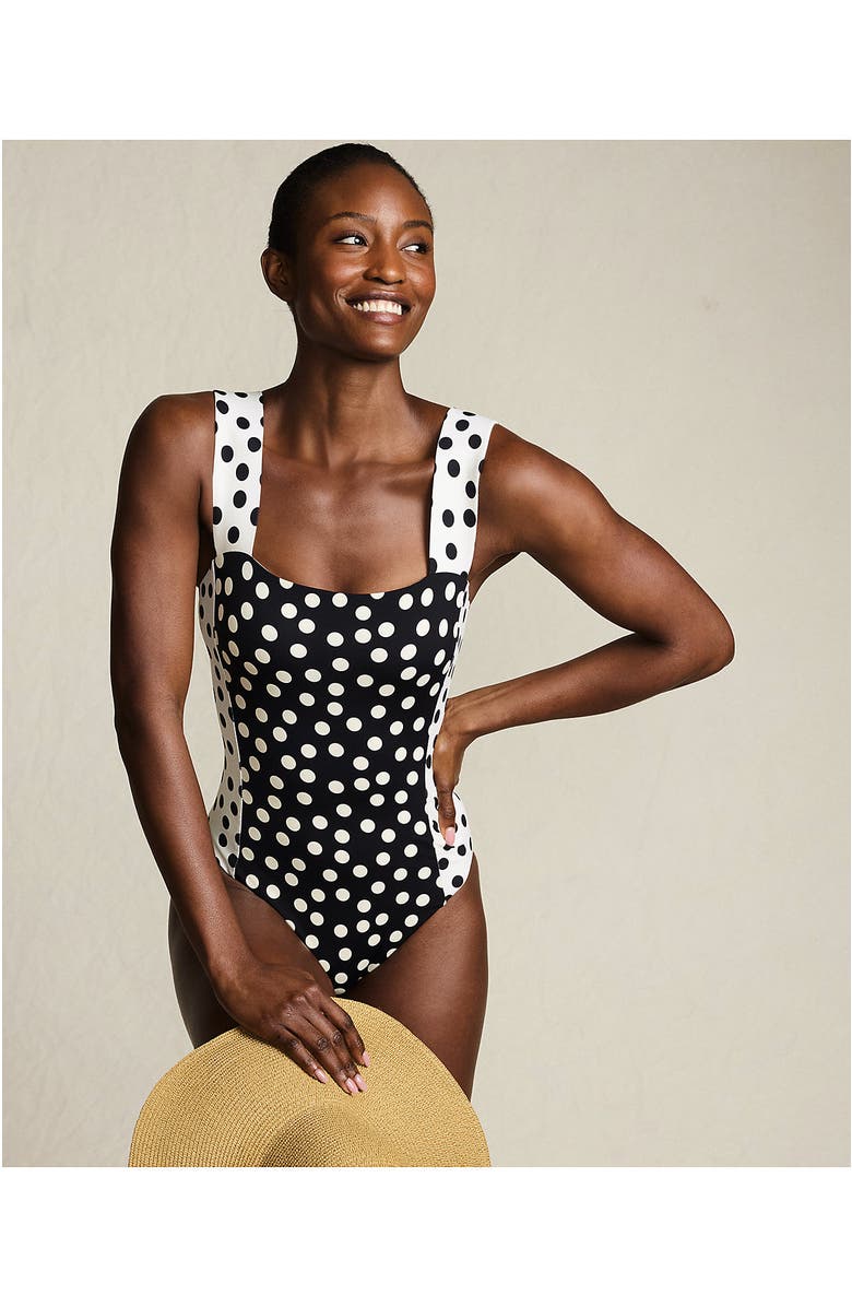 Lands
End Square Neck High Leg One Piece Swimsuit, Alternate, color, Black/Egret Mixed Tossed Dots