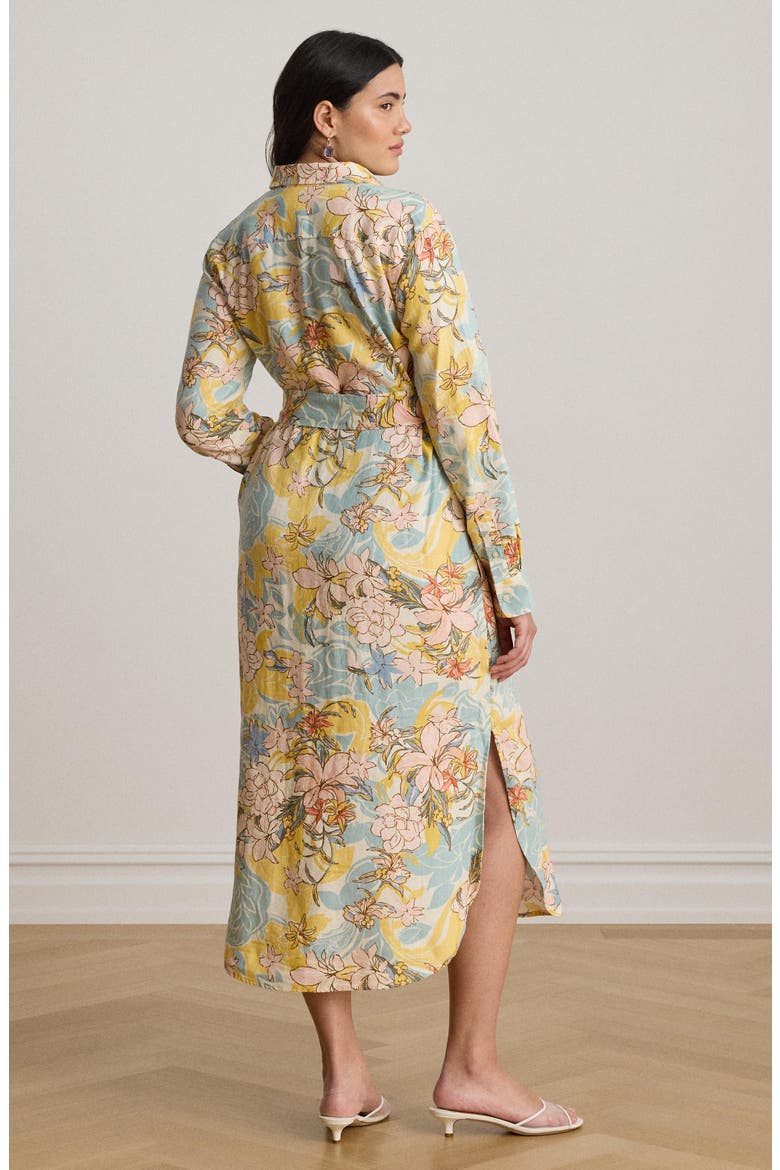 Floral Print Long Sleeve Linen Midi Shirtdress, Alternate, color, CREAM MULTI