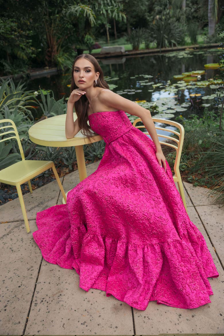 Strapless Floral Brocade Ruffle Hem Gown With Belt, Alternate, color, Hot Pink