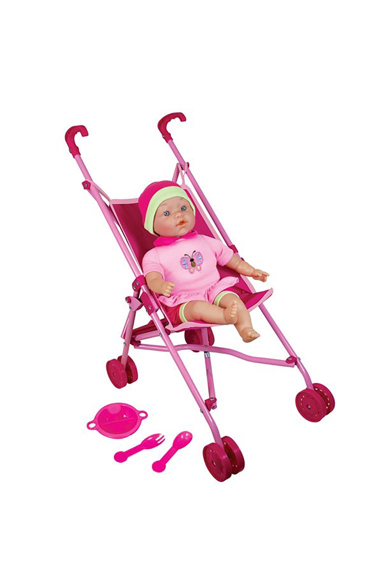 16 Inch Baby Doll & Umbrella Stroller Set, Pink Butterfly Outfit, Hat, Main, color, Pink