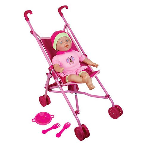 16 Inch Baby Doll & Umbrella Stroller Set, Pink Butterfly Outfit, Hat