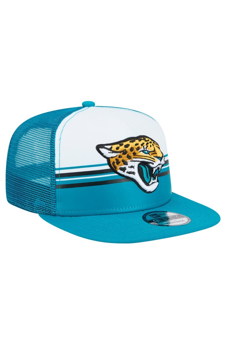 New Era Men's New Era White/Teal Jacksonville Jaguars Striped A-Frame 9FIFTY Trucker Snapback Hat, Alternate, color, 