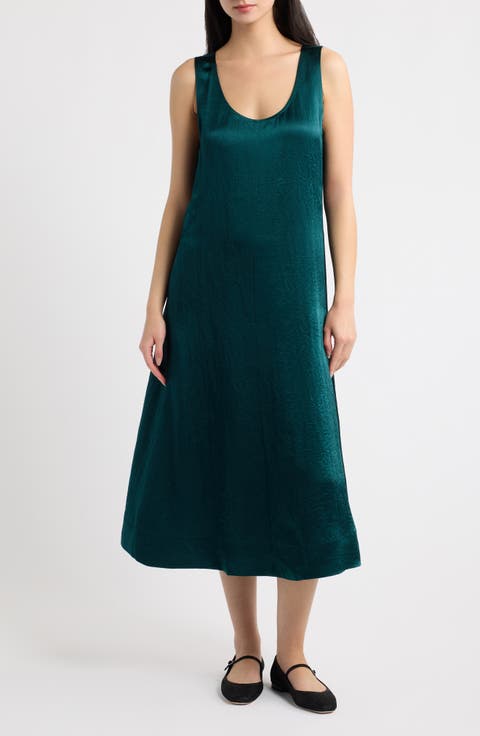 Crinkled Satin Scoop Neck Midi Dress