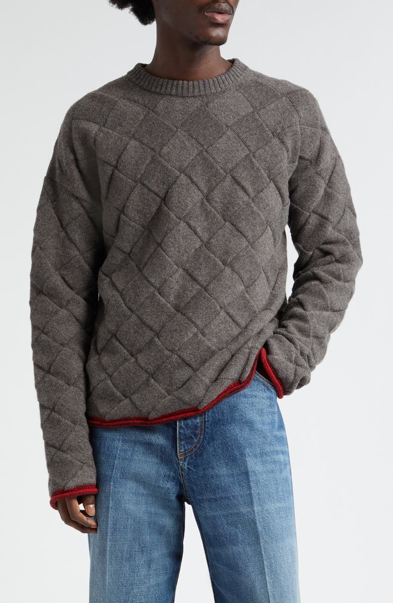 Bottega Veneta Intrecciato 3D Knit Wool Blend Crewneck Sweater, Main, color, Grey Melange