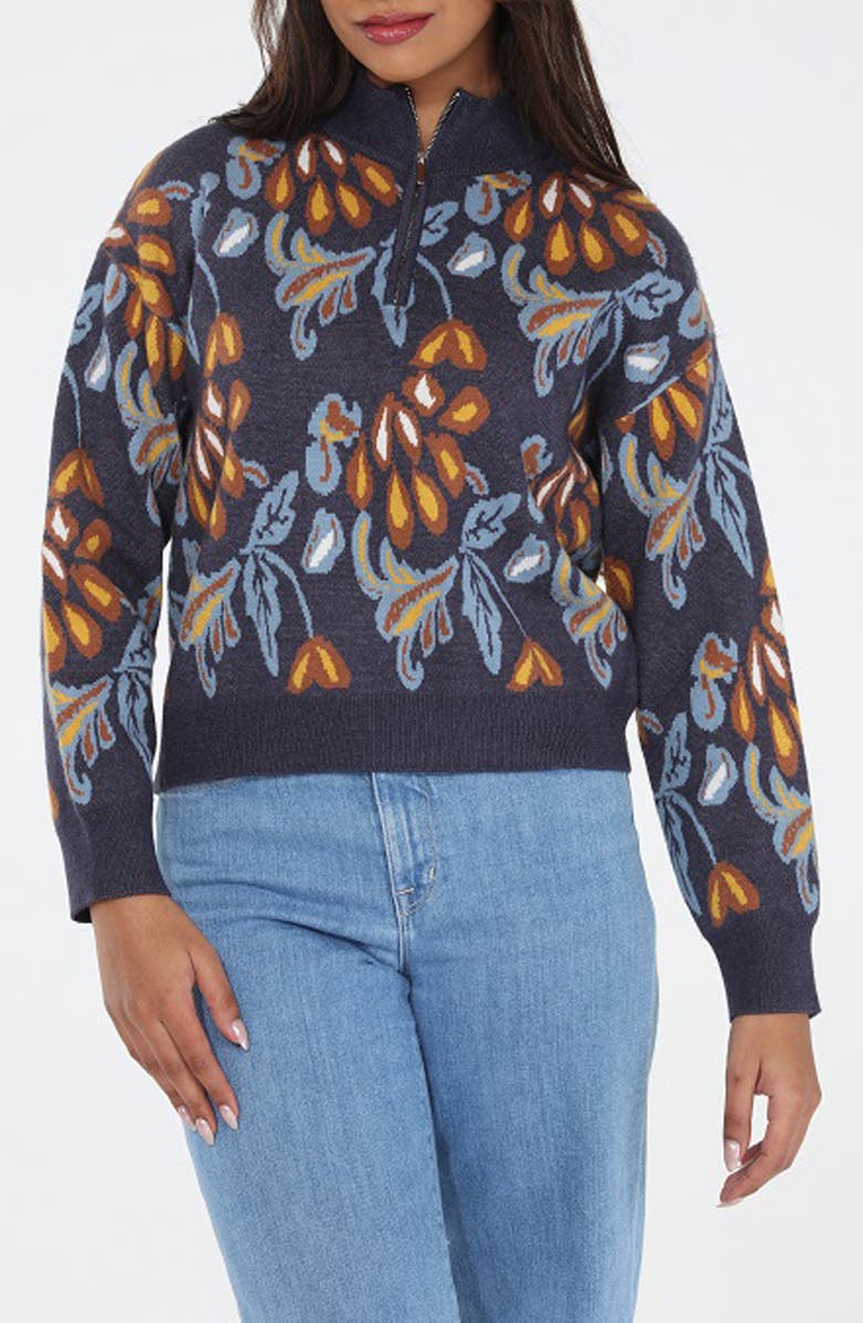 RAIN AND ROSE Floral Quarter Zip Sweater, Main, color, Navy