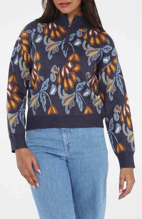 RAIN AND ROSE Floral Quarter Zip Sweater