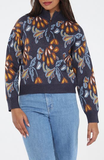 Rain And Rose Floral Quarter Zip Sweater In Multi