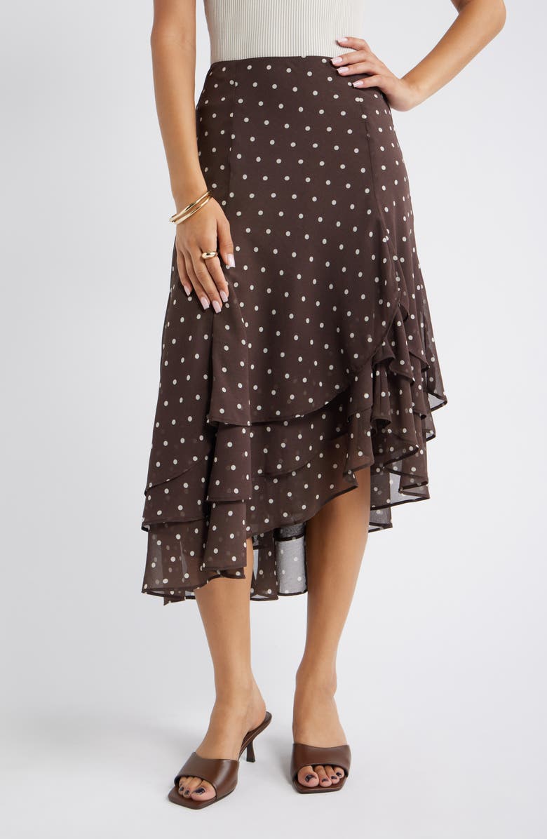 Open Edit Layered Asymmetric Chiffon Midi Skirt, Main, color, Brown Bea Dot