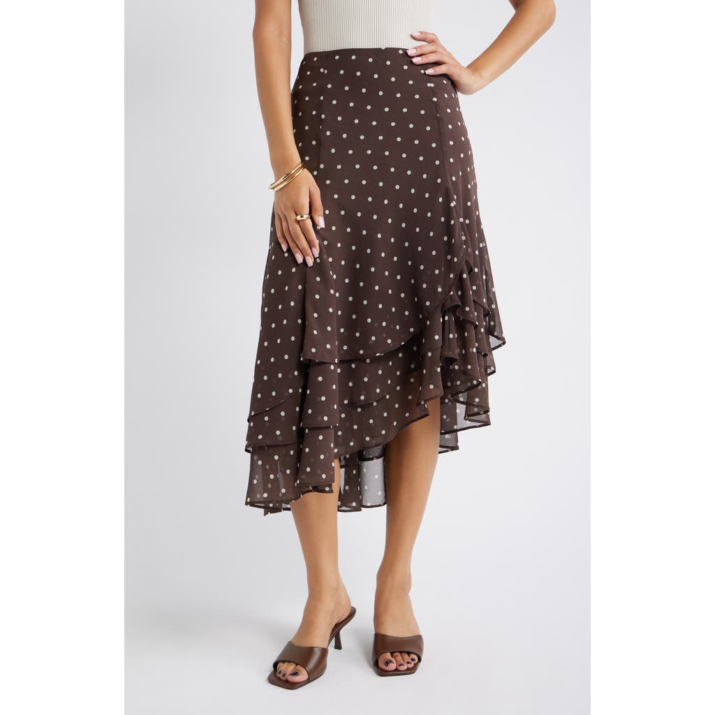 Open Edit Layered Asymmetric Chiffon Midi Skirt In Brown