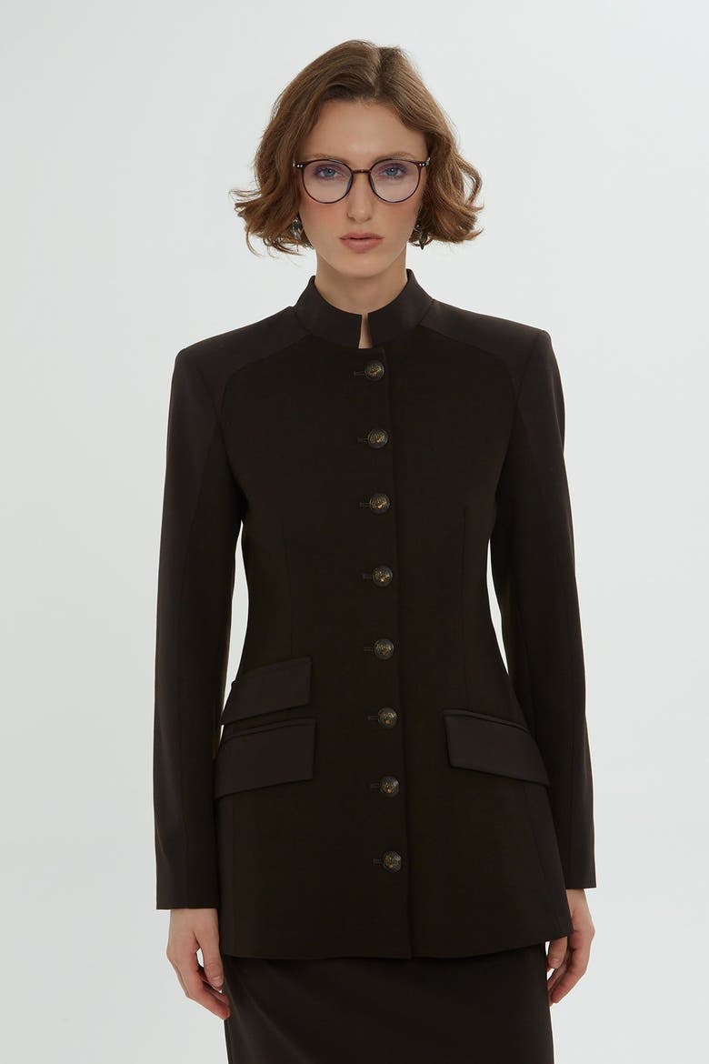 Brown Jacket & Pencil Skirt Set with Button Details, Main, color, Brown