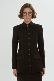 Gizia Brown Jacket & Pencil Skirt Set with Button Details