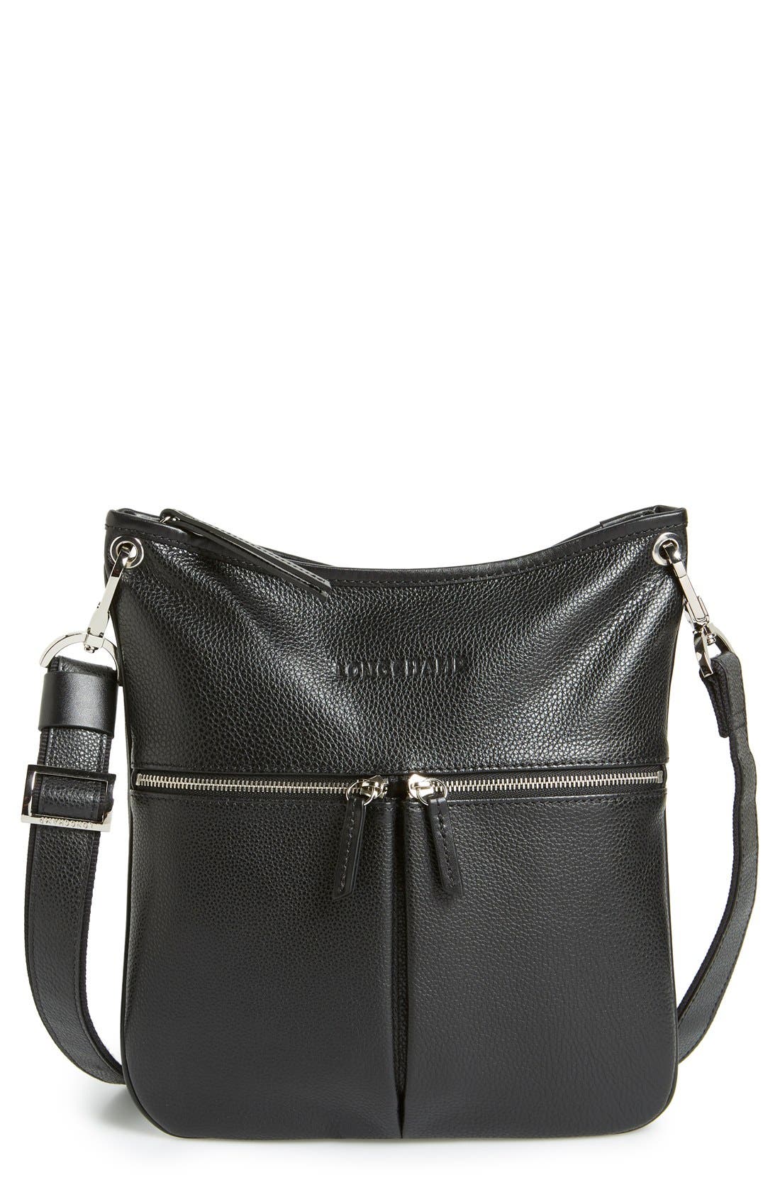 'Veau' Leather Crossbody Bag, Main, color, BLACK