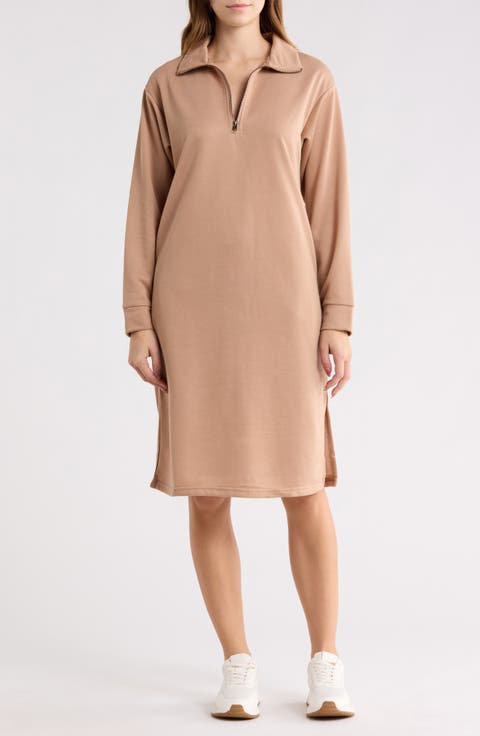 French Terry Half Zip Long Sleeve Maxi Dress