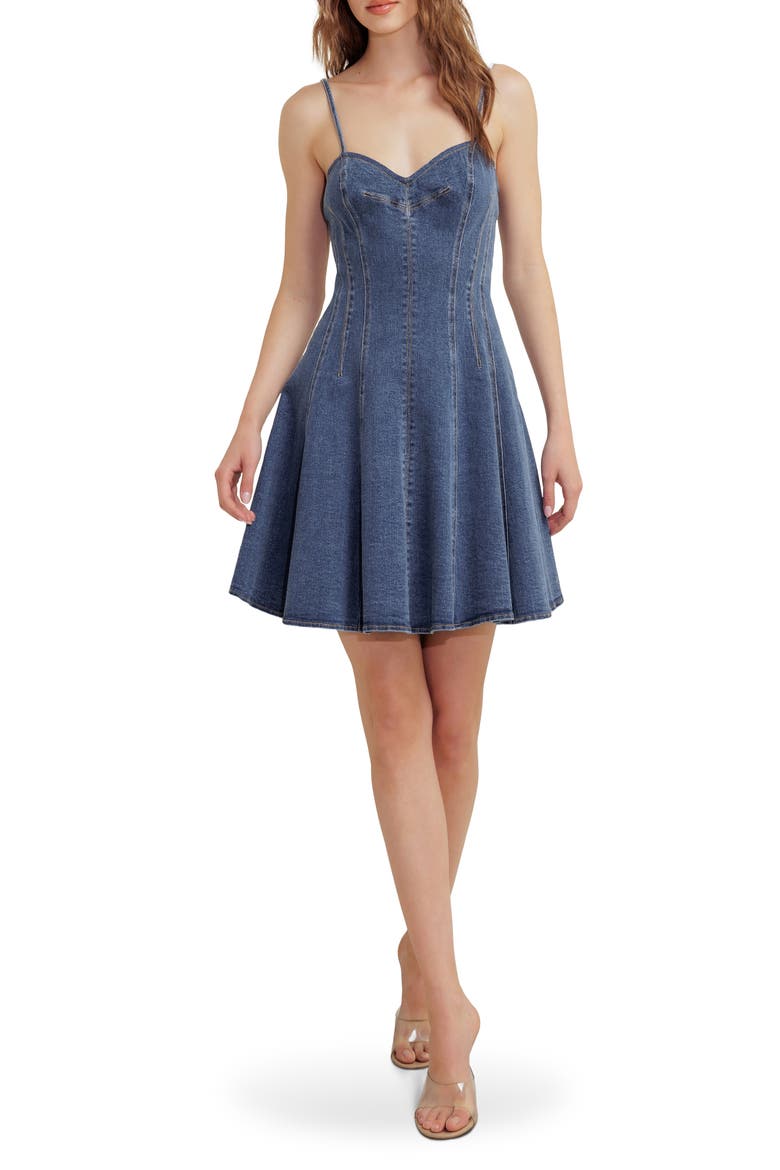 Seamed Denim Fit & Flare Minidress, Main, color, DENIM BLUE