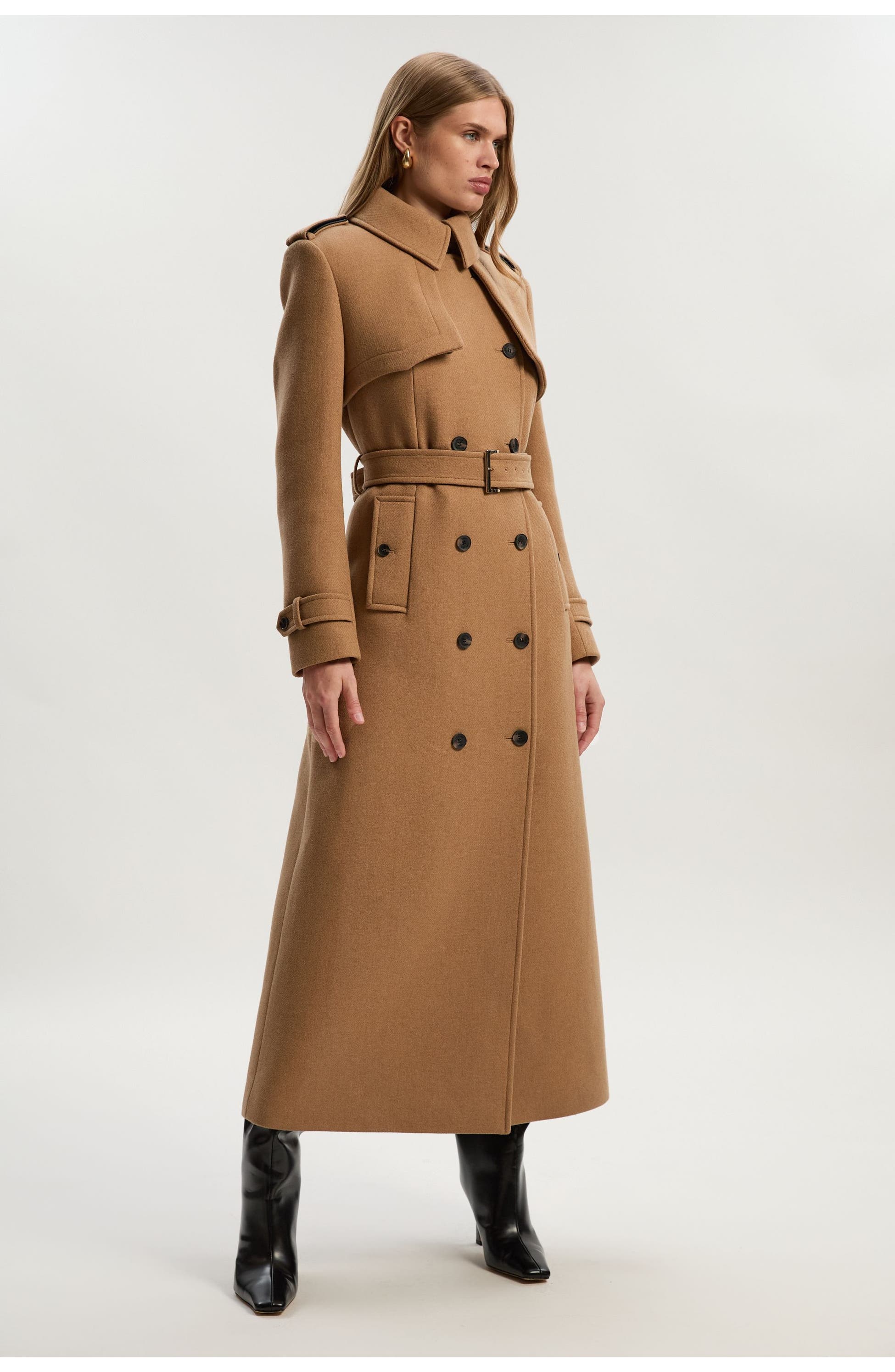 Karen Millen Wool Mix Belted Trench Maxi Coat, Main, color, Camel