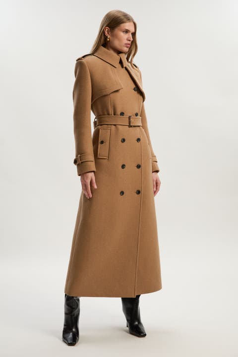 Wool Mix Belted Trench Maxi Coat