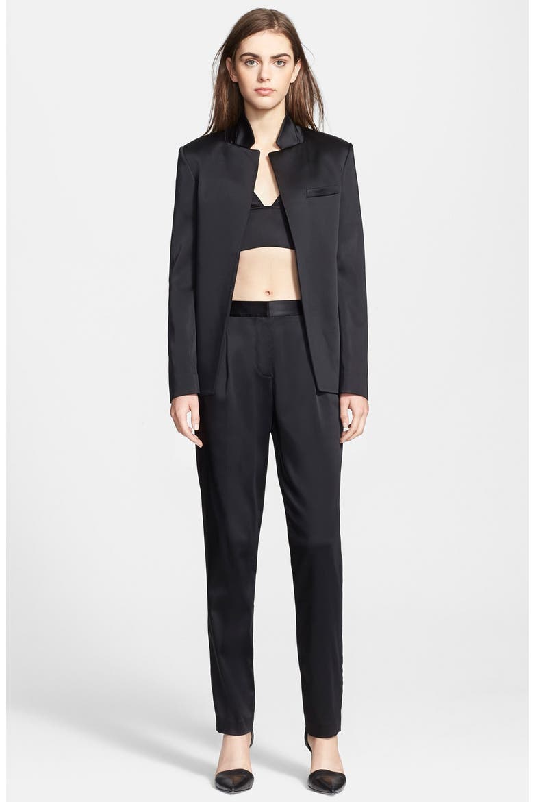 T by Alexander Wang Stretch Satin Open Blazer, Alternate, color, BLACK