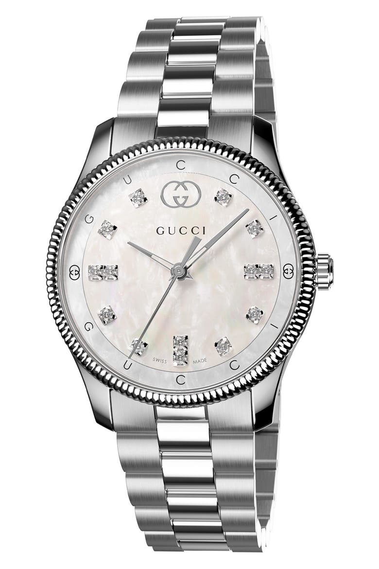 G-Timeless Mother-of-Pearl & Diamond Bracelet Watch, 29mm, Main, color, SILVER
