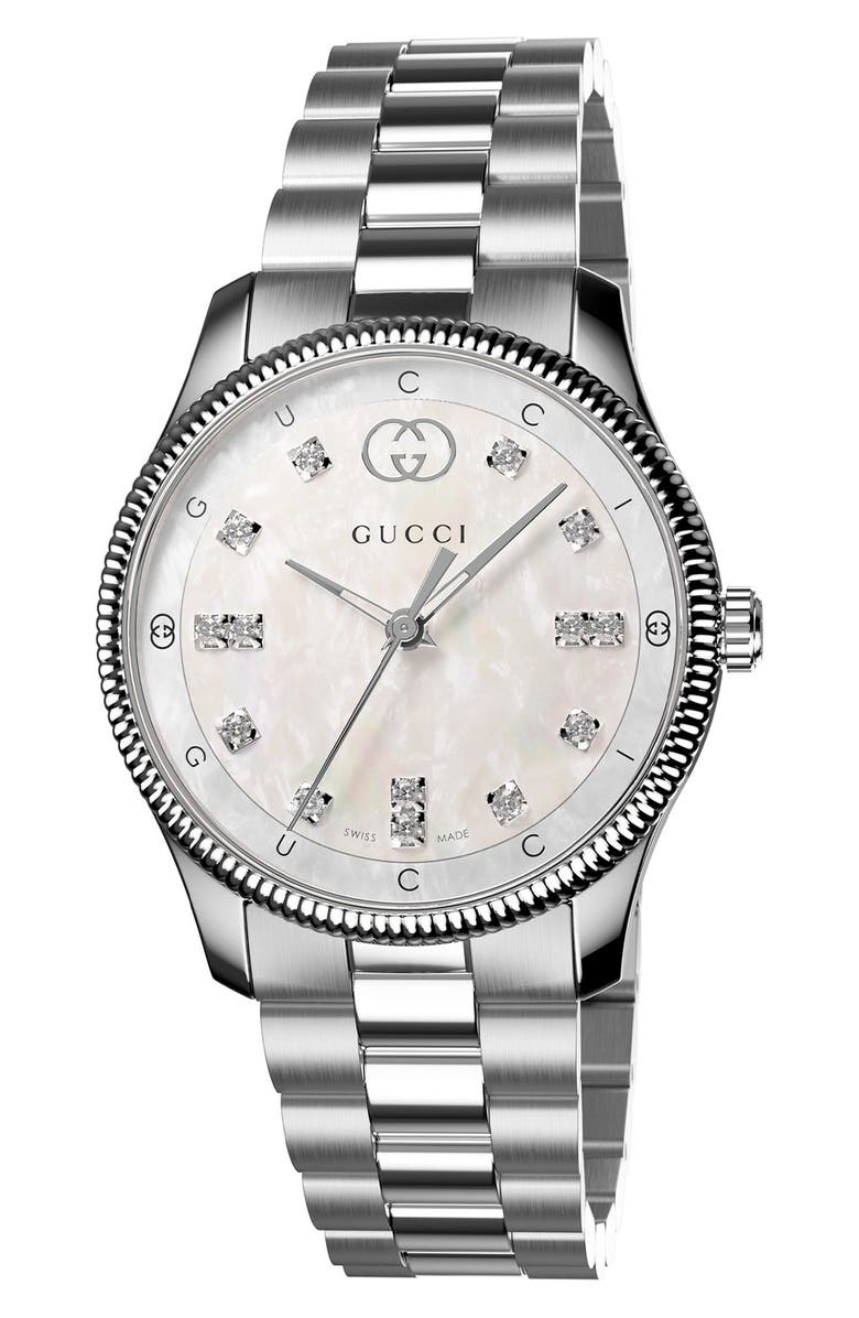 Gucci G-Timeless Mother-of-Pearl & Diamond Bracelet Watch, 29mm, Main, color, Silver