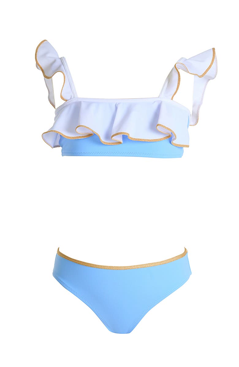 NESSI BYRD Ruffled Shoulders with Shimmering Bronze Piping Two-Piece Bikini, Main, color, Blue-White