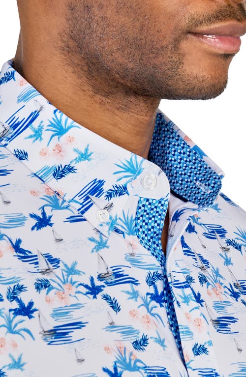 Construct Circular Dot Geo Woven Long Sleeve Shirt In White/blue
