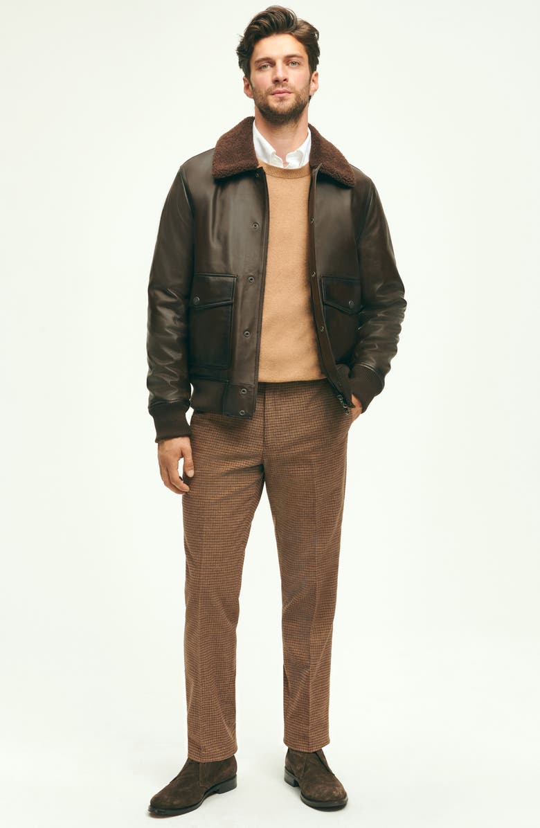 Brooks Brothers Leather Flight Jacket with Genuine Shearling Collar, Alternate, color,