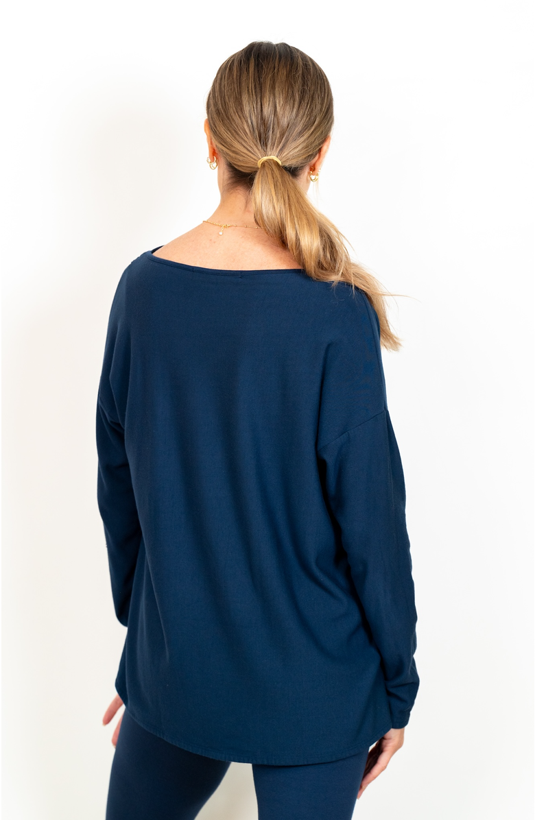 JJwinks Sweater Weather Built-In Shelf Off-The-Shoulder Fleece Long Sleeve Top, Alternate, color, Navy