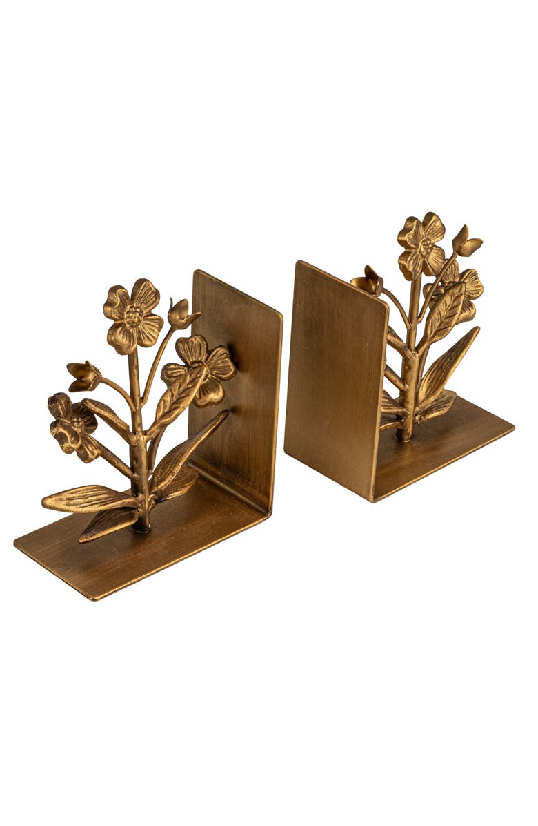 Storied Home 2-Piece Cast Metal Flower Bookends, Gold Finish, Main, color, 