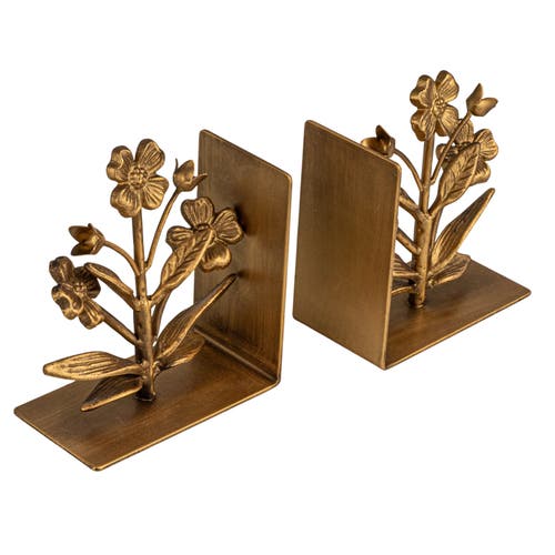 Storied Home 2-piece Cast Metal Flower Bookends, Gold Finish In Brown
