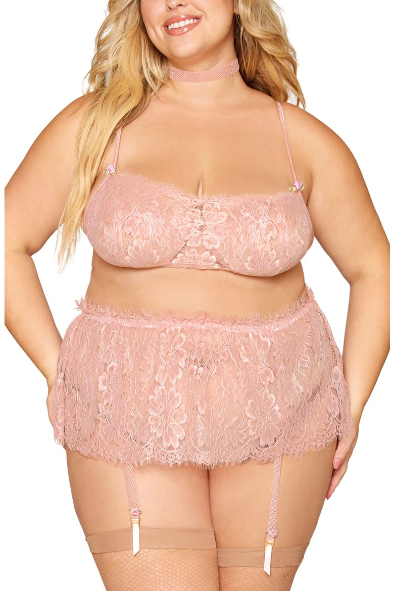 Floral Lace Bralette, Garter Skirt & Choker Set, Main, color, ROSE QUARTZ