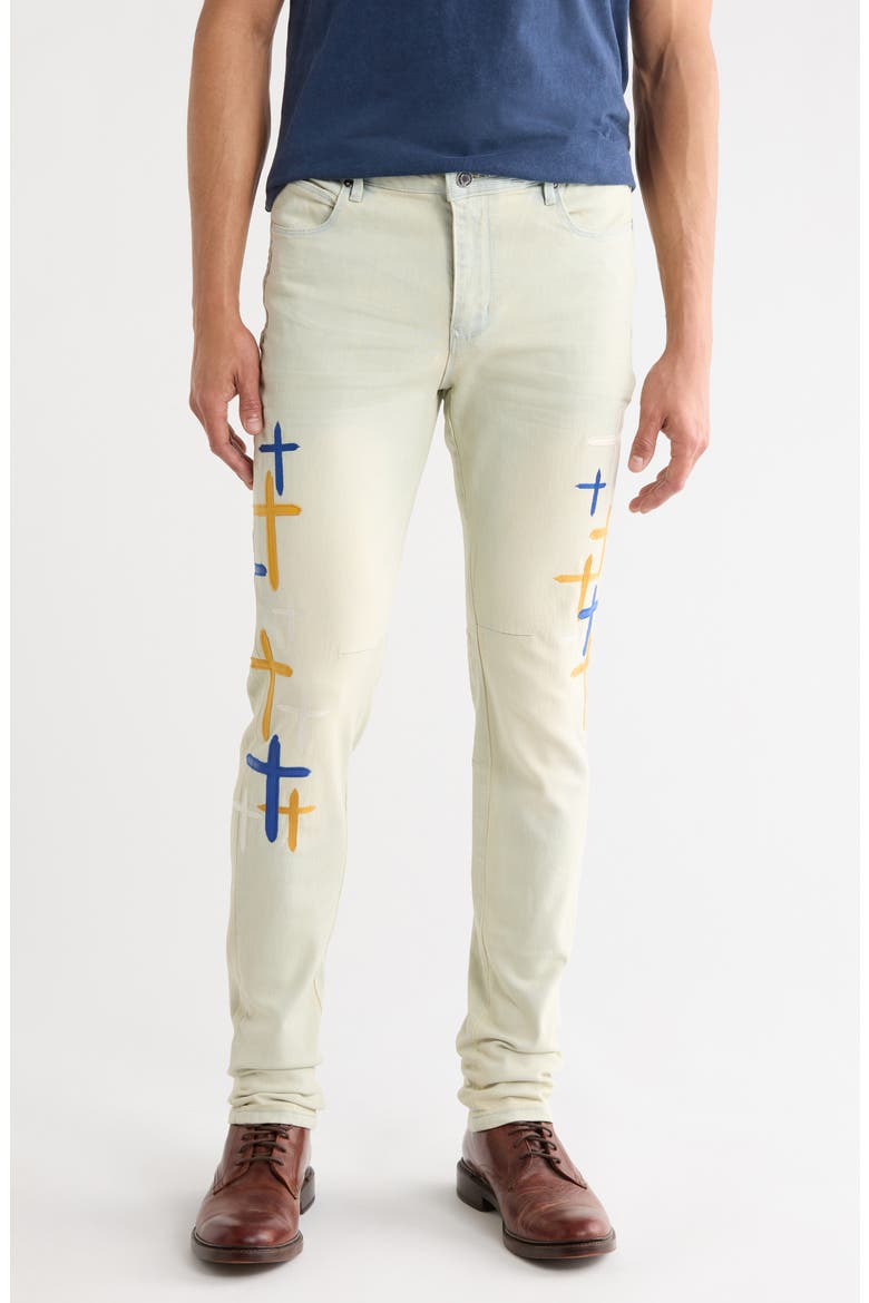 Bryant Faux Leather Cross Skinny Jeans, Main, color, STORMY SKY CROSS PATCH