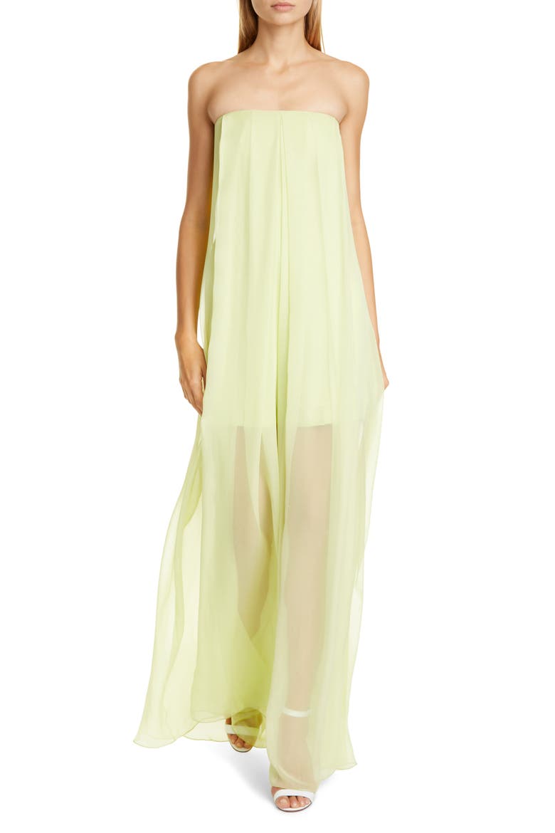 Sheer Leg Strapless Silk Chiffon Jumpsuit, Main, color, CELERY