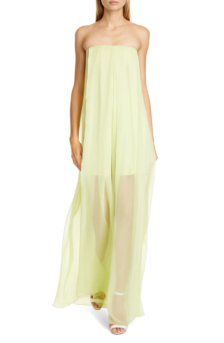 CUSHNIE Sheer Leg Strapless Silk Chiffon Jumpsuit, Main, color, 