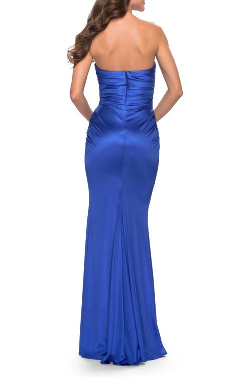 La Femme Chic Strapless Liquid Jersey Gown With Ruching In Royal Blue