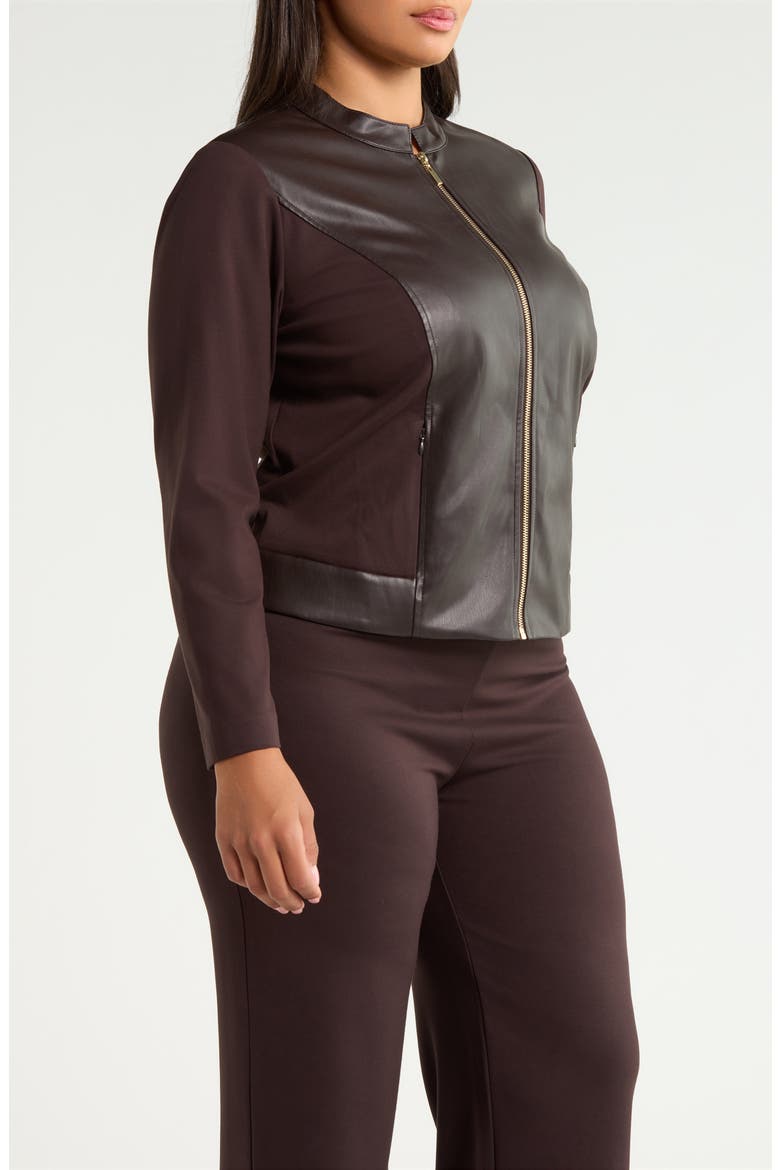 Faux Leather Trim Moto Jacket, Alternate, color, DEEP MAHOGANY