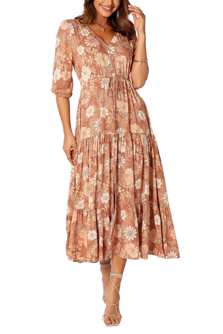 Kelda Floral Midi Dress, Main, color, TAN FLORAL