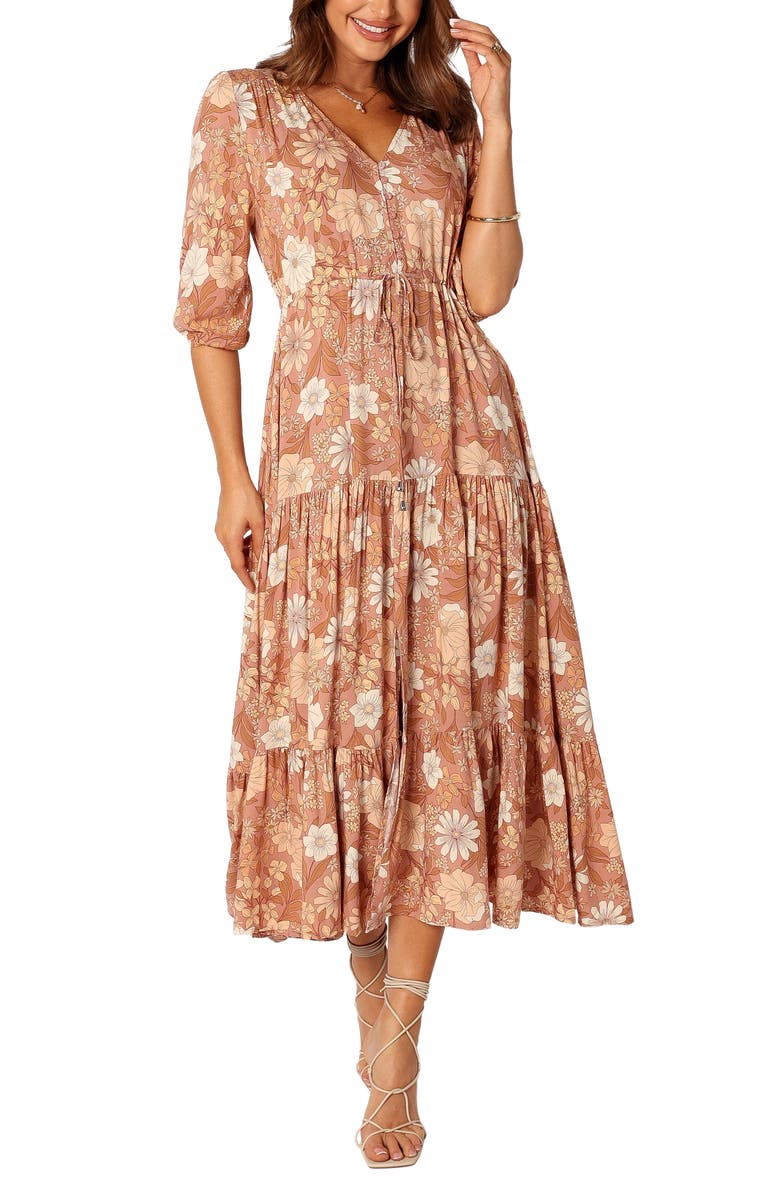 Petal & Pup Kelda Floral Midi Dress, Main, color, Tan Floral
