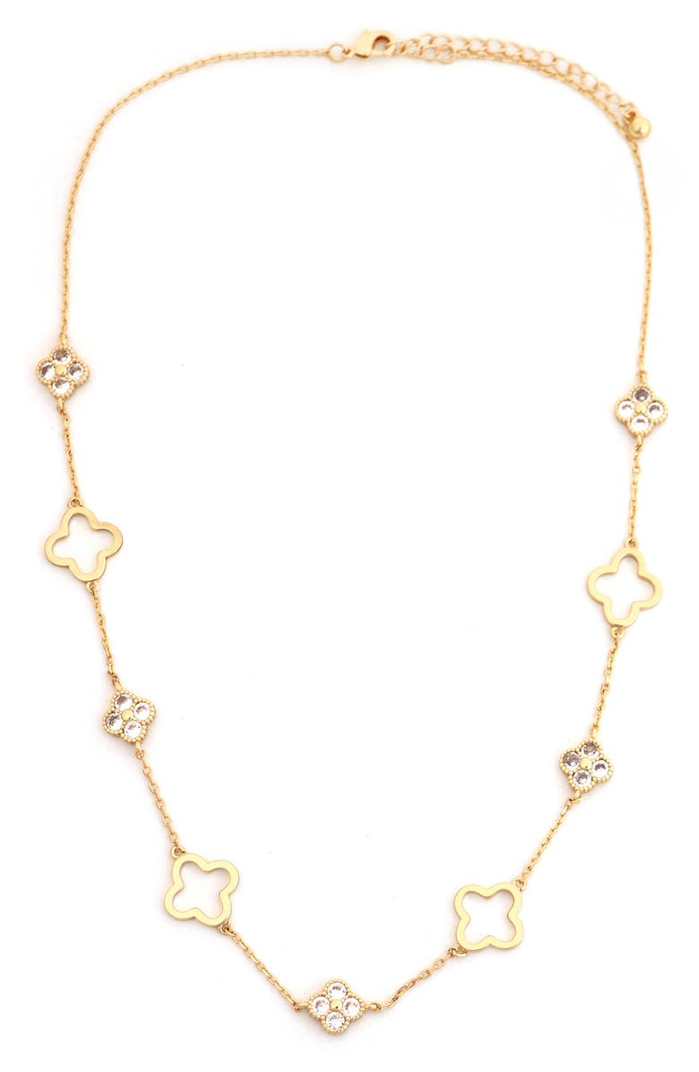 Panacea Cubic Zirconia Clover Station Chain Necklace, Main, color, Gold