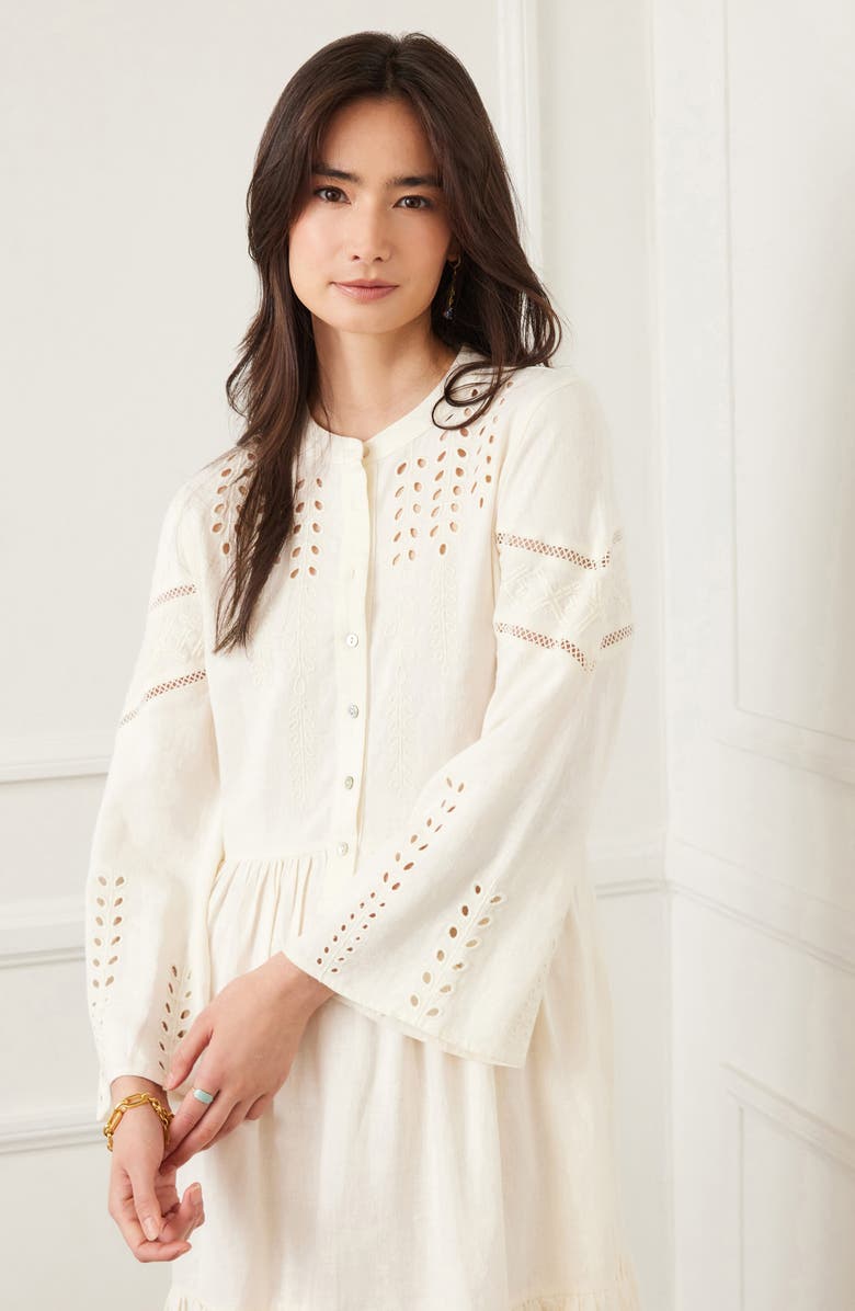 Karen Kane Embroidery & Eyelet Detail Long Sleeve Linen Blend Dress, Alternate, color, Cream