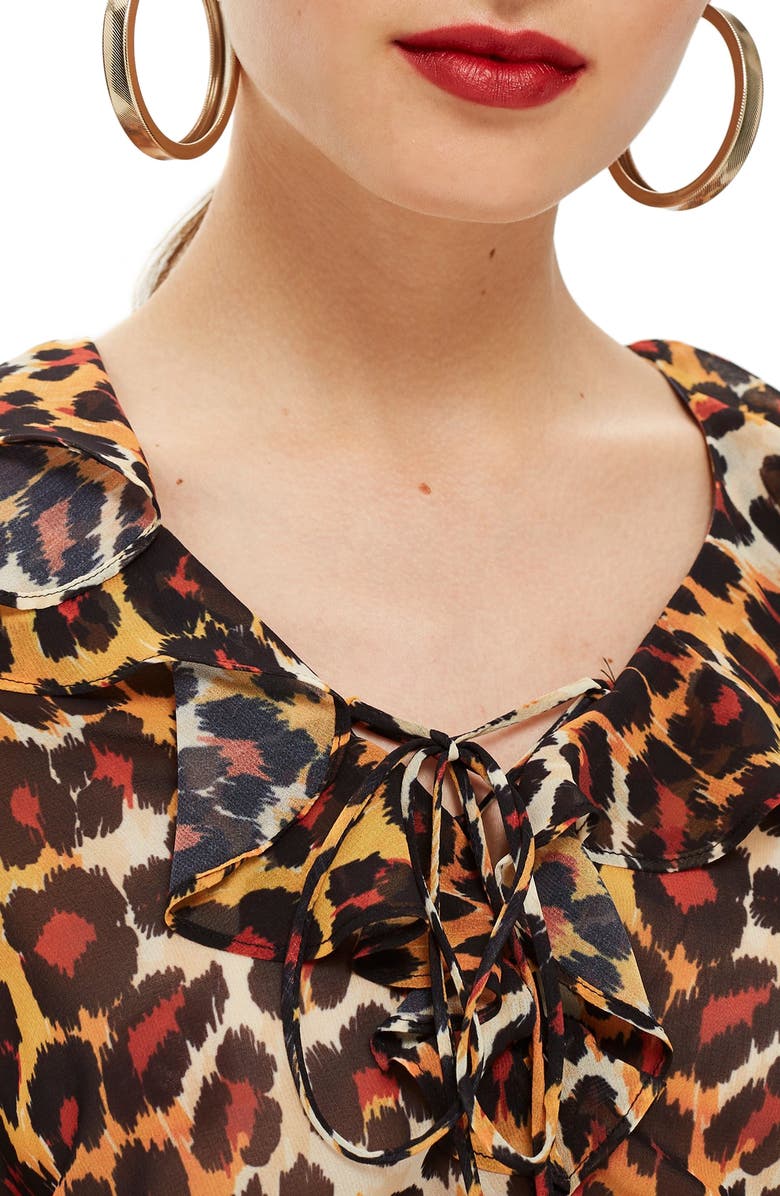 Topshop Leopard Print Ruffle Blouse, Alternate, color, 