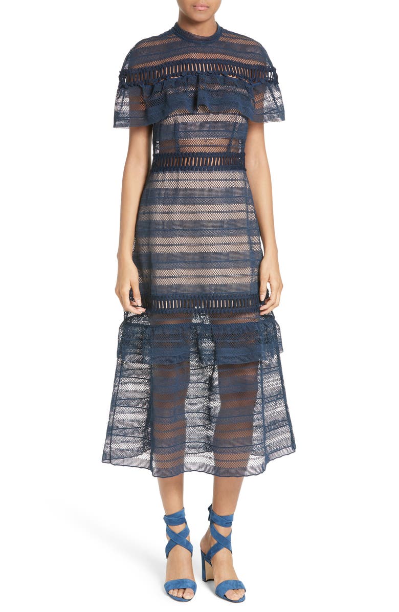 Self-Portrait Ruffle Sleeve Lace Midi Dress, Main, color, 