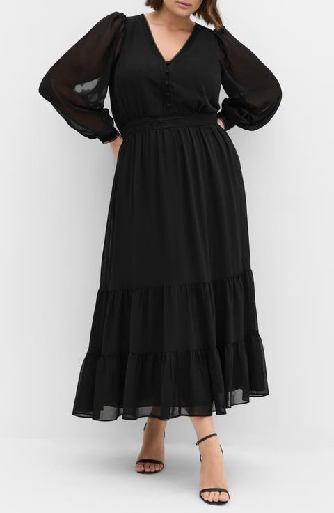 Kianna Sheer Long Sleeve Maxi Dress (Plus)