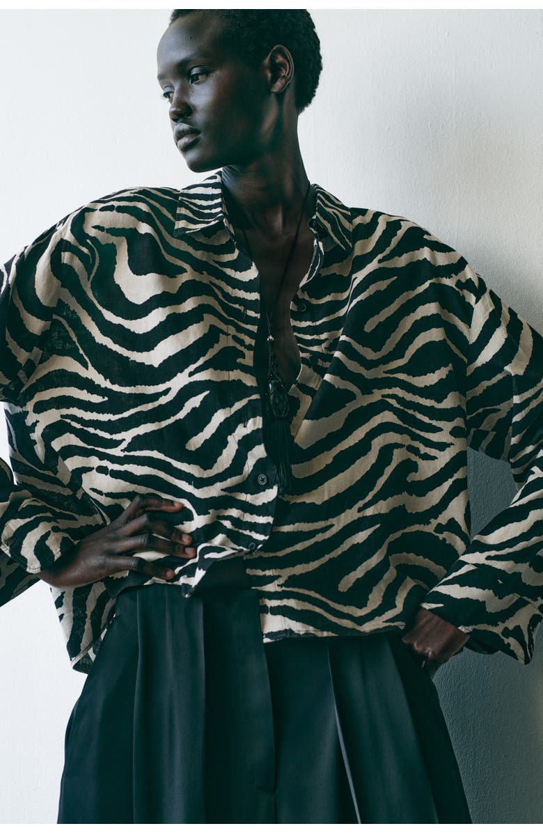 H&M Linen-blend Shirt, Alternate, color, Black/Zebra Print