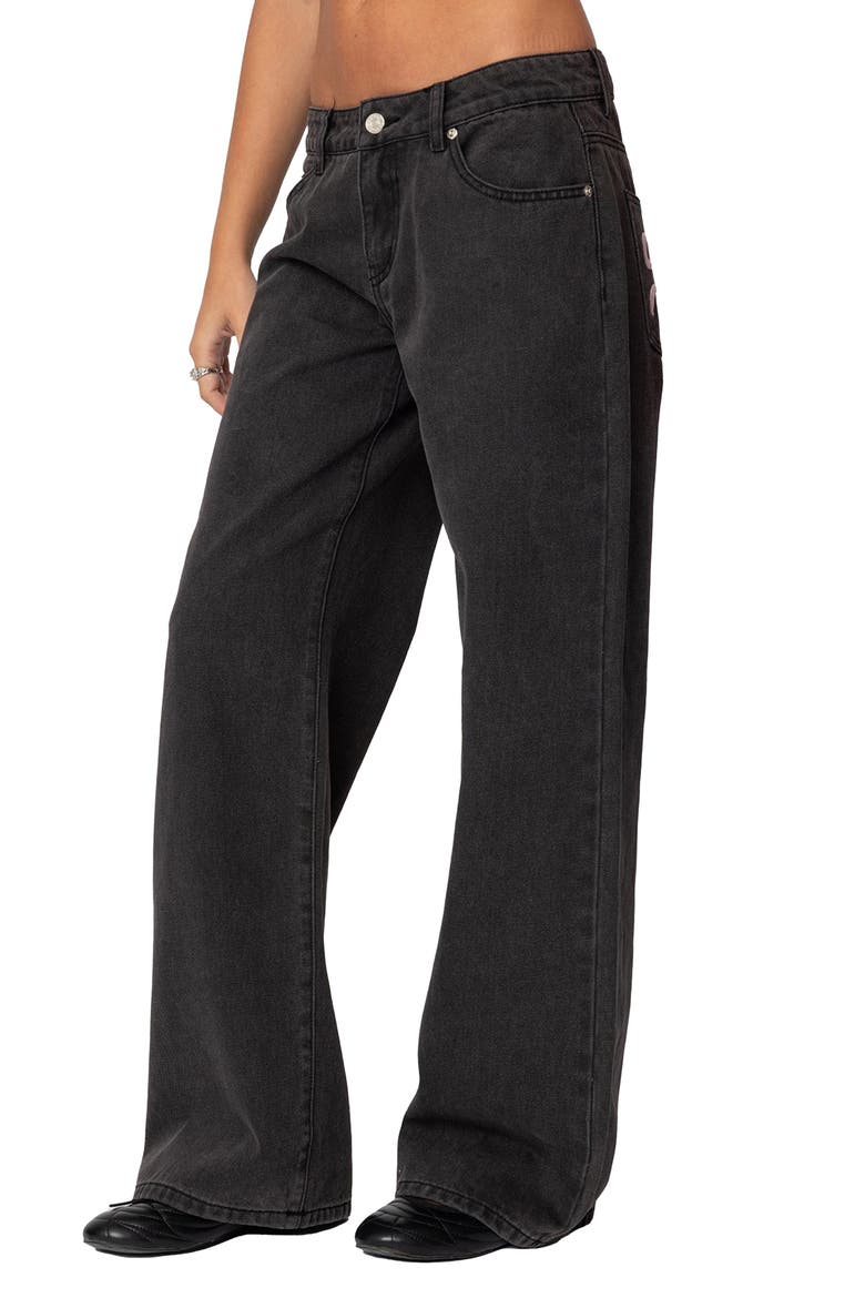 Bow Pocket Wide Leg Jeans, Alternate, color, BLACK-WASHED
